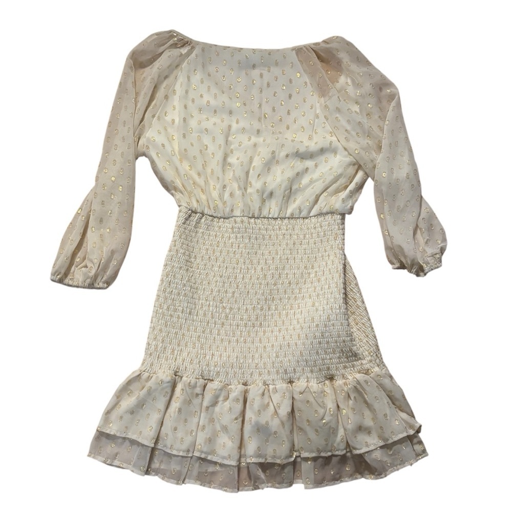 Lulus All The Cheers Cream and Gold Dotted Smocked Mini Dress Womens Size Medium - Picture 3 of 6